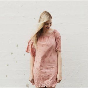 madewell | dusty clay eyelet scallop off-shoulder bell-sleeve dress 4